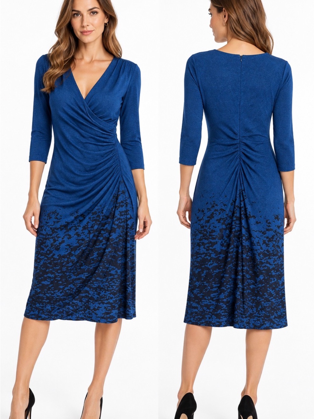 Kay Unger New York Size 6 Blue Black Ruched Wrap Midi Dress